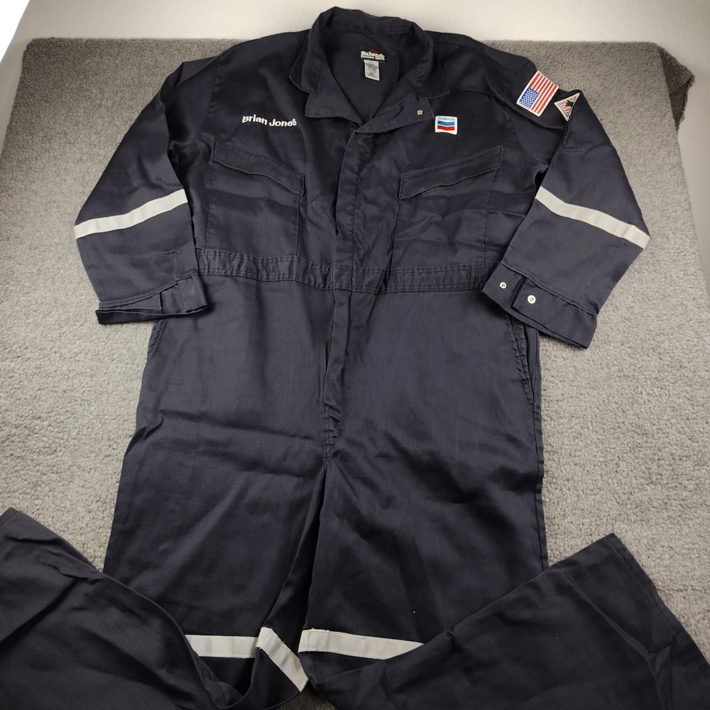 Bulwark Excel FR Coveralls Mens 52-RG Navy Blue Reflective Flame Resistant EUC